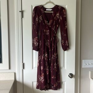 Astr the Label Maroon fall floral wrap midi dress